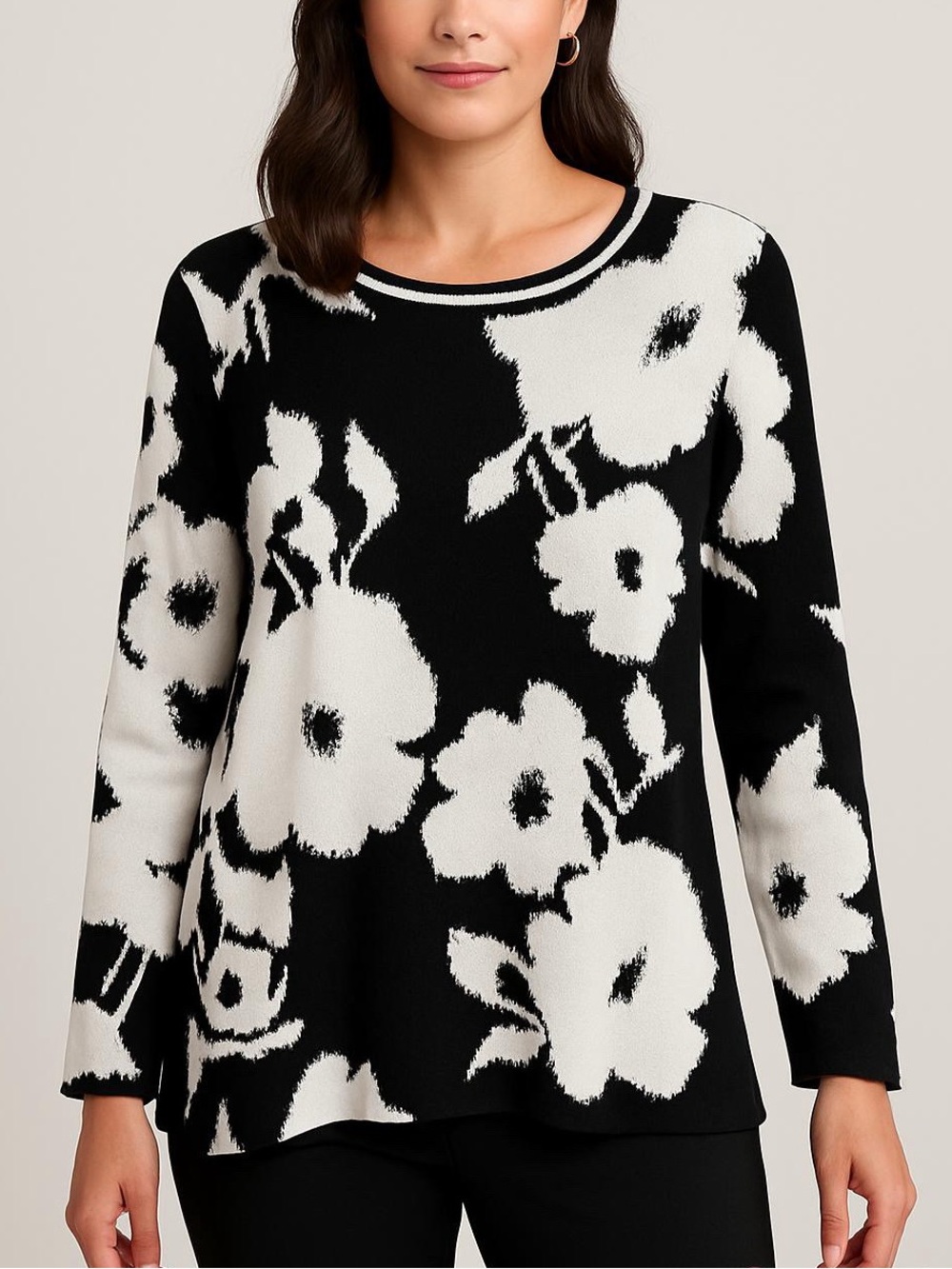 CHICO’S large floral print sweater lightweight black white size large Chico’s 2